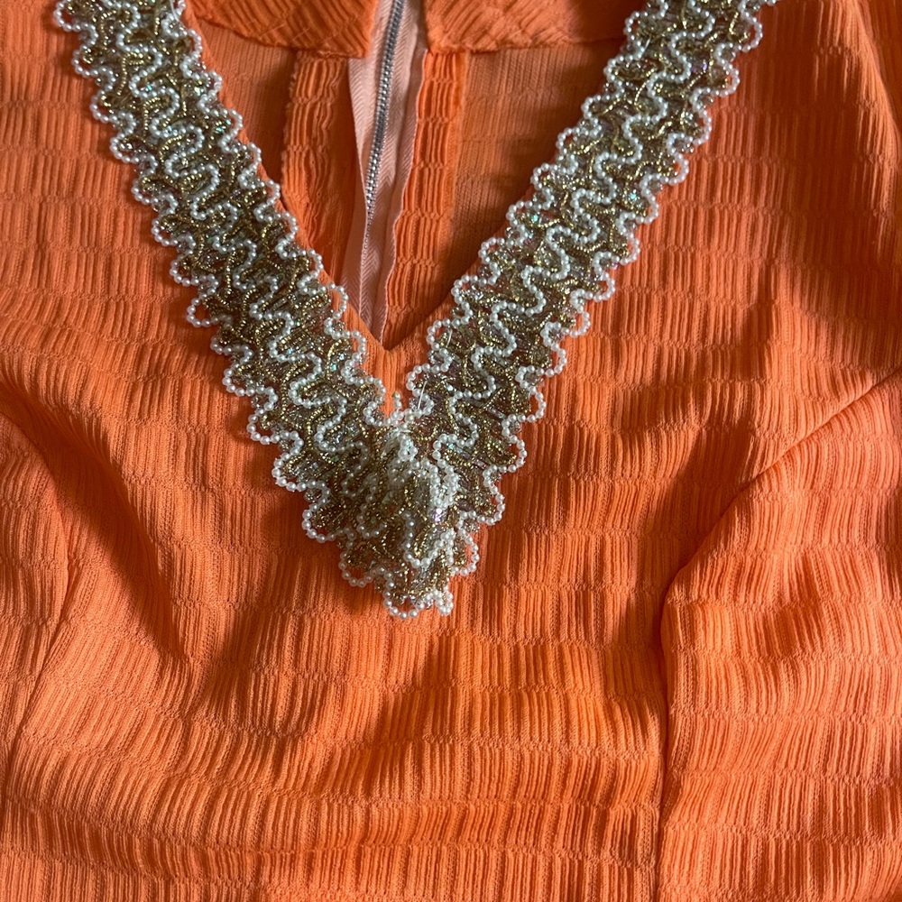 60s-70s Vintage Orange Maxi Dress with Beaded Neckline - Picture 5 of 8